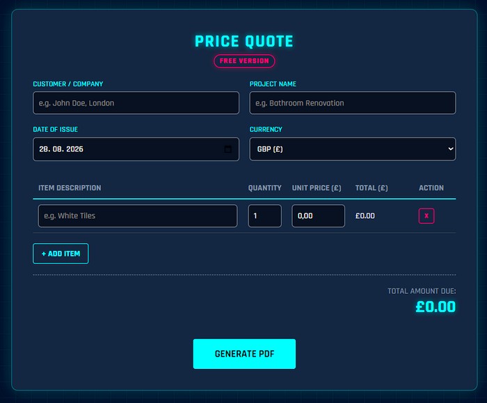 PRICE QUOTE GENERATOR – FREE VERSION, Create professional PDF quotes for free