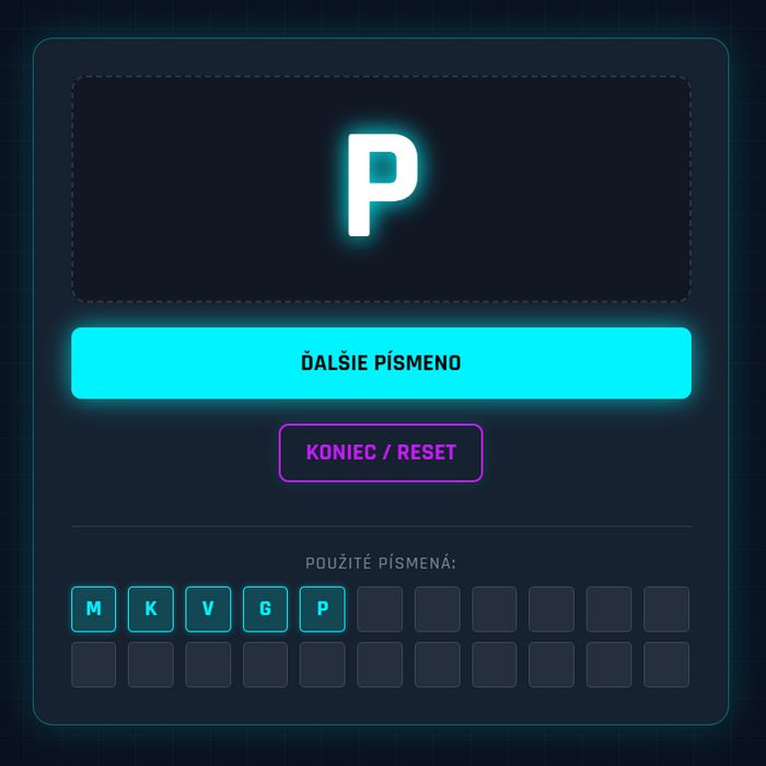 Online Generátor písmen zadarmo pre hru Meno, mesto,zviera, vec